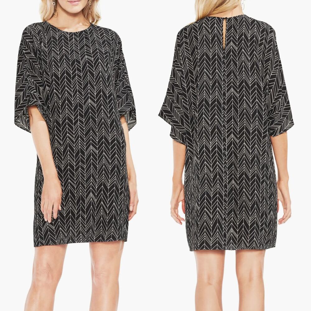 Vince Camuto Black & White Herringbone Geometric Print Half Sleeve Shift Dress